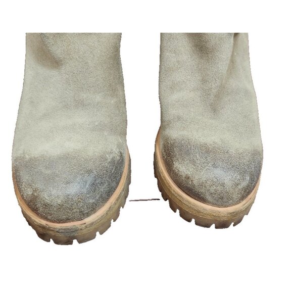 Prada Suede Mid Calf Moto Boots 37.5 Beige Taupe Leather Lined Lug Sole Side Zip - Picture 3 of 15